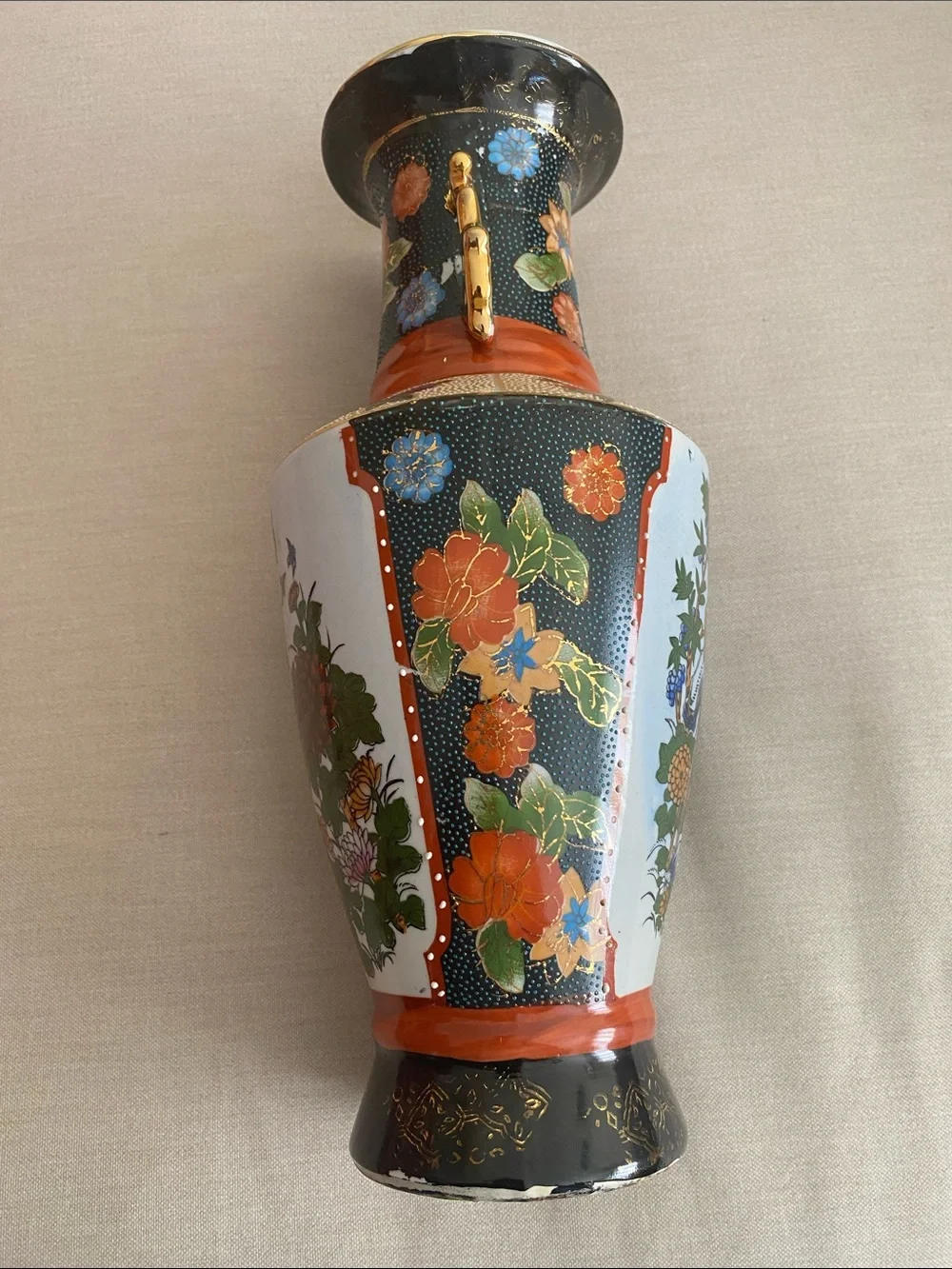 Vintage Chinese Satsuma Style Porcelain Vase 11” Bird Flower Moriage Decor